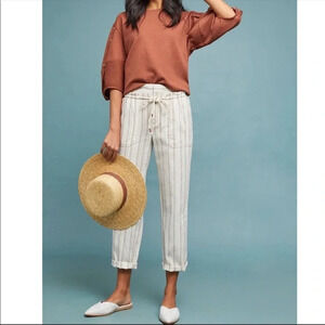 By Anthropologie Beige Tan Striped Linen Tassel Tie Pants Size Small